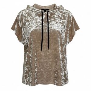 Forever 21 Crushed Velvet Hoodie Top Beige Boxy Short Sleeve Drawstring Hood S